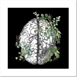 Brain human anatomy,Floral, eucalyptus leaves, mental, watercolor Posters and Art